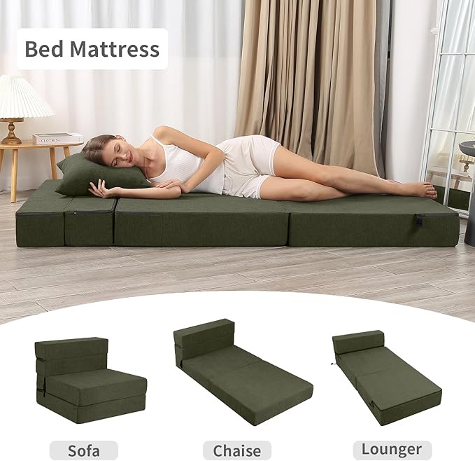 High-Density Memory Foam Folding Sofa Bed with Fluffy Pillow, Single Size, Green - Bloomnest
