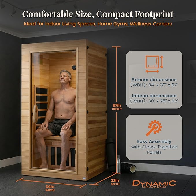 DYNAMIC SAUNAS Elite 1 Person Compact Ultra Low EMF FAR Infrared Sauna with Red Light Therapy & Bluetooth Speakers - Personal Indoor for Home & Gym DynamicSaunas