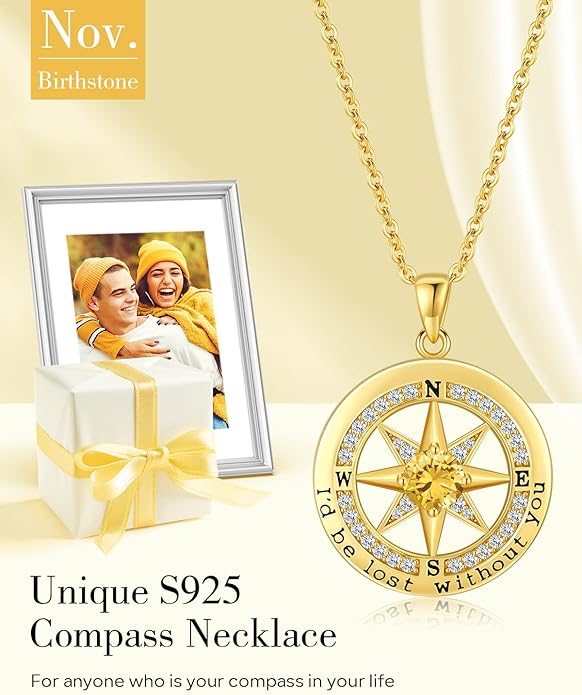 S925 Necklace Gift for Wife |Compass Jewelry |Women Anniversary |Sterling Silver |Girlfriend Birthday Gifts for Her Valentines |I'd be Lost without You |Jewel 18K Gold - Bloomnest