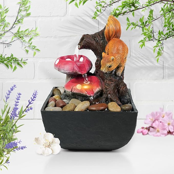 Ferrisland Tabletop Water Fountain Indoor - 3 Tiered Waterfall Fountain Indoor Desktop Water Feature with Light Squirrels Animal Sculpture Relaxation Fountains for Office Home Decor, Gift Idea - Bloomnest