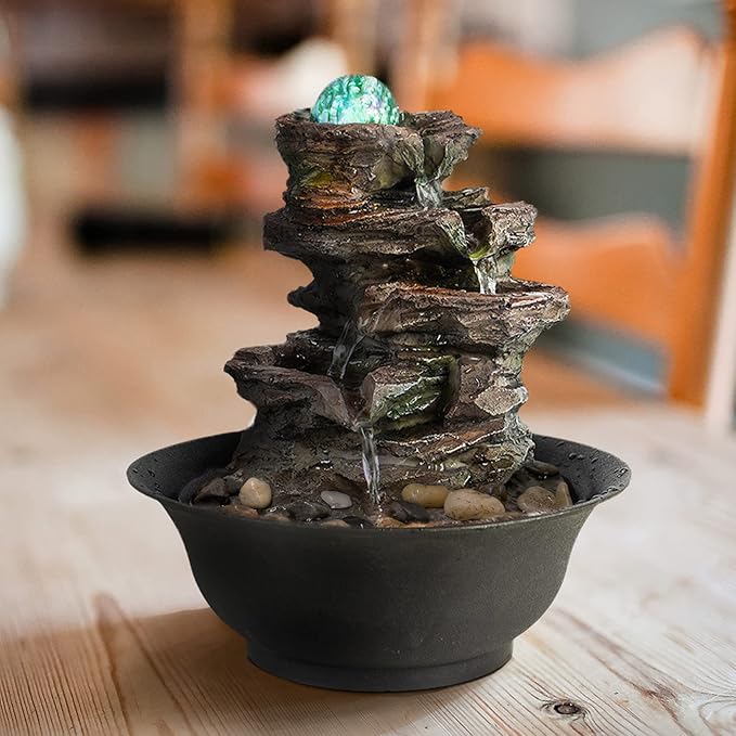 Ferrisland Tabletop Rock - Stacked Waterfall Fountain with LED - Lit Crystal Ball, Ideal for Office & Home Decor(Brown Gray) - Bloomnest