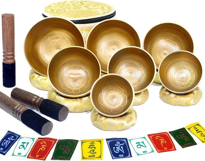 Tibetan Singing Bowl Set of 7 Himalayan Bowl Vajra Engraved Chakra bowl Authentic 7 metals Handmade in Nepal for Yoga, Chakra healing, Deep Relaxation Mindfulness - Bloomnest