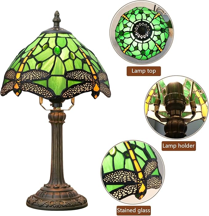 Tiffany Lamp Green Dragonfly Stained Glass Table Lamp 8X8X14 Inches Green Dragonfly Style Desk Reading Light Decor Beside Bedroom Living Room Home (H1057-Green Dragonfly) - Bloomnest