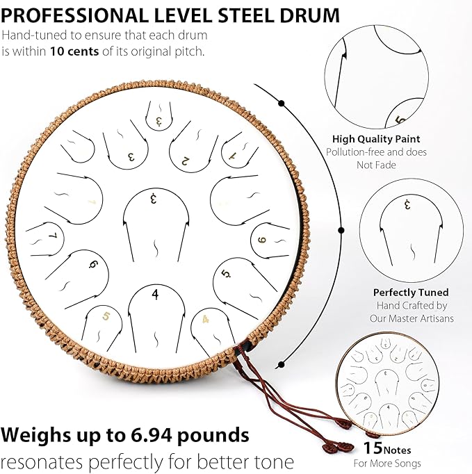 Steel Tongue Drum - 14 Inch 15 Note Tongue Drum - Hand Pan Drum with Music Book, Handpan Mallets and Carry Bag, C Major, White - Bloomnest