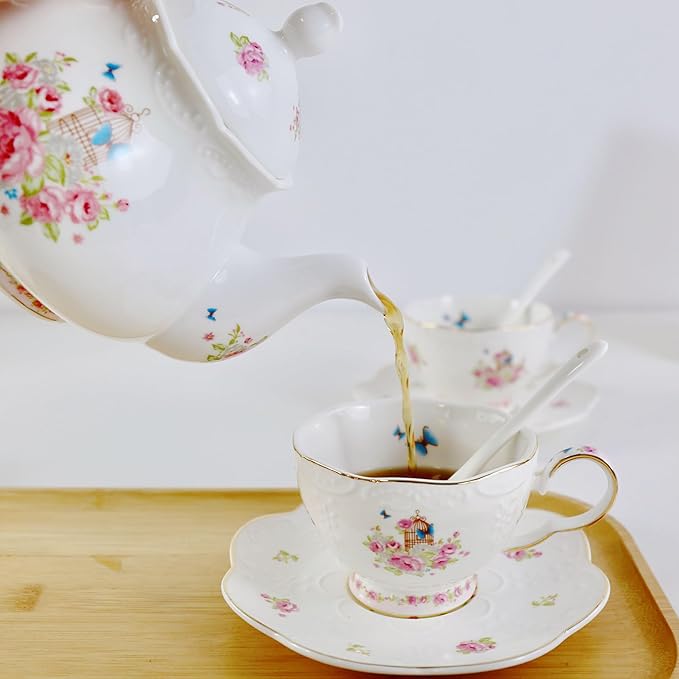 YBK Tech Strengthen Porcelain Coffee Pot Ceramic Teapot- Pink Rose (Teapot+ 2 sets of cup and saucer) - Bloomnest