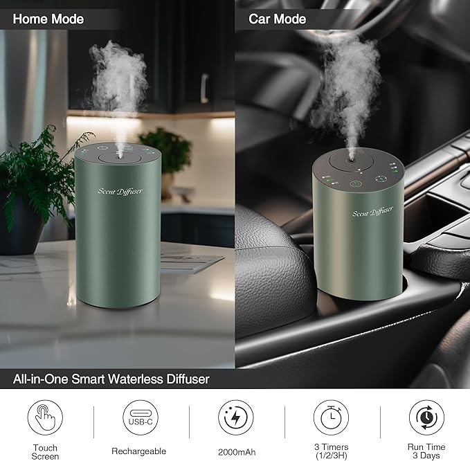 Waterless Essential Oil Diffuser Starter Kit - No Water Needed, Battery Operated Mini Scent Air Machine, Included 3x20ML Essential Oils, Portable Aromatherapy Diffuser for Home & Car & Office, Green - Bloomnest