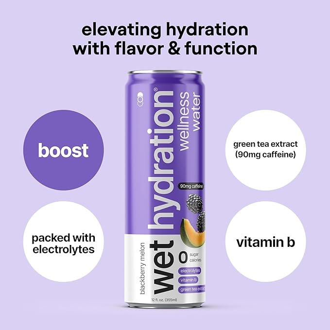 Wet Hydration | Functional Wellness Water, Non-Carbonated - Blackberry Melon (12 Ounce Cans, Pack of 12) - Flavored Water, Hydration Drink, No Sugar, No Artificial Ingredients, Zero Calories (Packaging May Vary) - Bloomnest