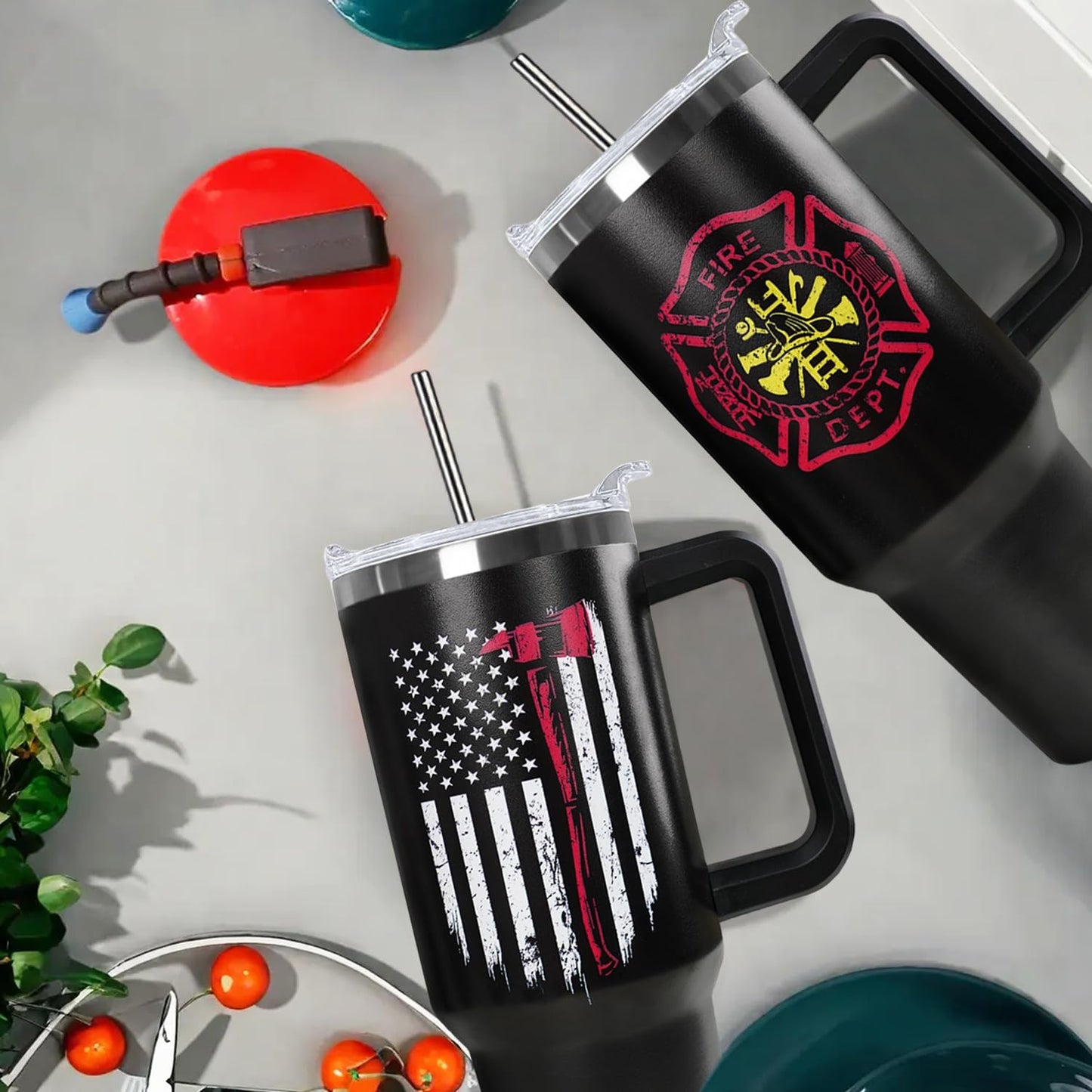 Ceovfoi Firefighter Gifts for Men,40 oz American Flag Tumbler with Handle Lid and Straw Stainless Steel Cups Mug, Firefighter Stuff Supplies Accessories