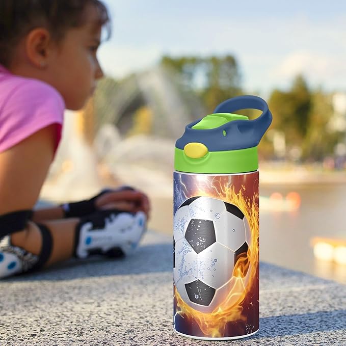 Soccer Fire Electric Spark Kids Water Bottle with Straw Lid Insulated Tumbler with Handle Stainless Steel Reusable Toddlers Cup for Kids Boys 12 oz - Bloomnest