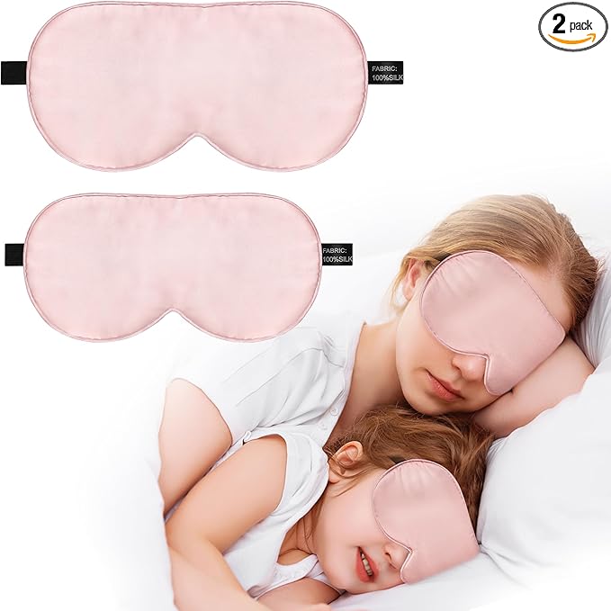 Silk Sleep Mask Eye Cover, 100% Real Natural Silk Eye Mask for Sleeping with Adjustable Strap, 100% Silk Filling Blindfold, Eye Shade for Kids/Teens/Adults, Sleeping Masks for Family (2 Pink) - Bloomnest