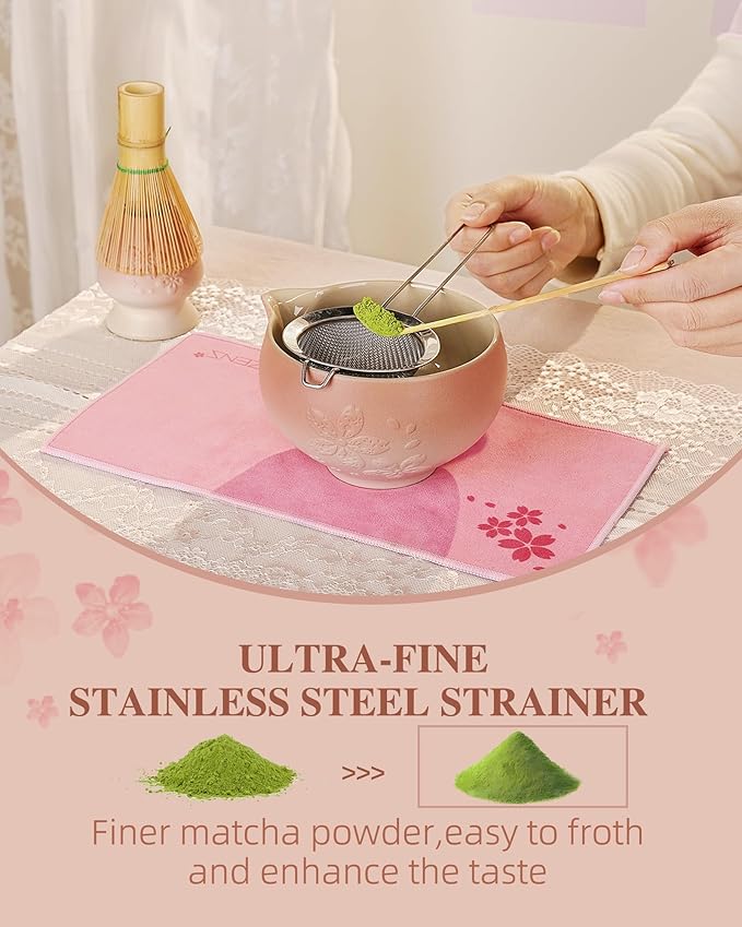 ZENS Matcha Whisk Set, Pink Ceramic Matcha Bowl with Embossed Sakura, 6pcs Matcha Tea Kit Includes Bamboo Whisk, (Chasen Holder) Scoop & Sifter, Tea Towel for Matcha Ceremony, Pink - Bloomnest