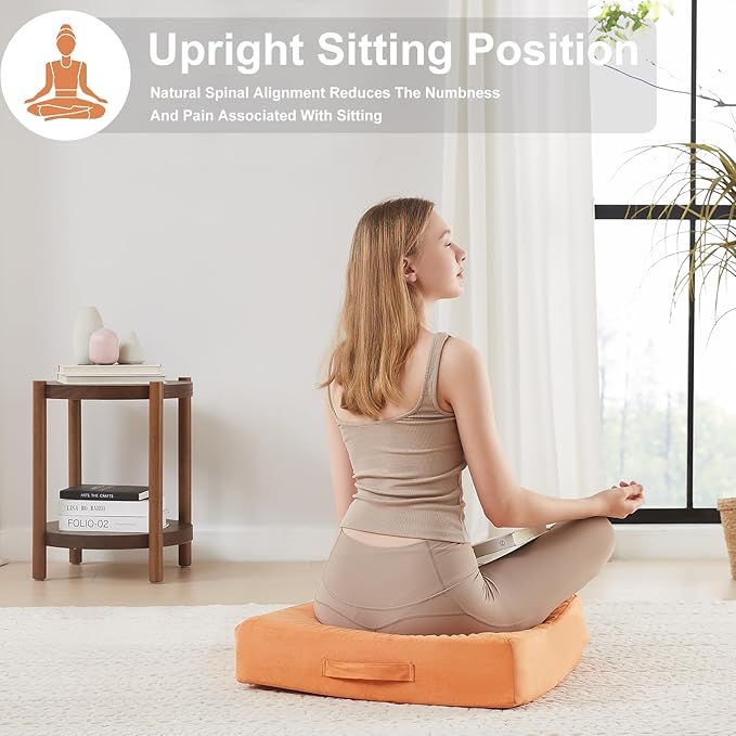 22 inches Floor Pillow for Adults - Large Meditation Cushion with Thick Foam & Soft Tufted Cover - Premium Outdoor Square Floor Cushion Seat - Yoga Pillows for Sitting On Floor - Orange - Bloomnest