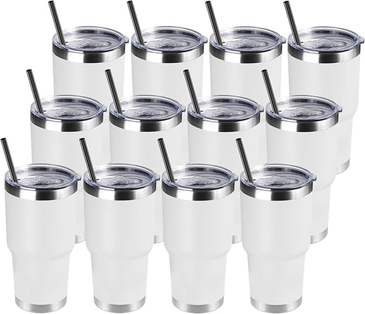 DOMICARE 30 oz Tumbler with Lid and Straw, Stainless Steel Tumblers Bulk, Insulated Vacuum Double Wall Travel Coffee Mug, Durable Powder Coated Tumbler Cups (White, 12)