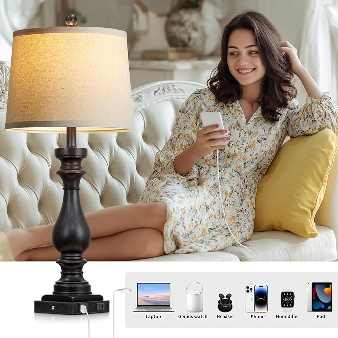 29" Tall Vintage Table Lamps Set of 2,Black Farmhouse Bedside Lamps with USB C+A Ports & AC Outlet,3-Way Dimmable Touch Lamp for Night Stands Living Room Bedroom,Black - Bloomnest