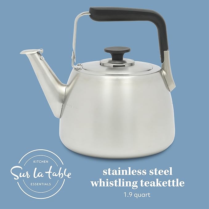 Sur La Table Kitchen Essentials 2 Qt Heavy Gauge Brushed Stainless Steel Whistling Tea Kettle – Durable Stovetop Kettle - Bloomnest
