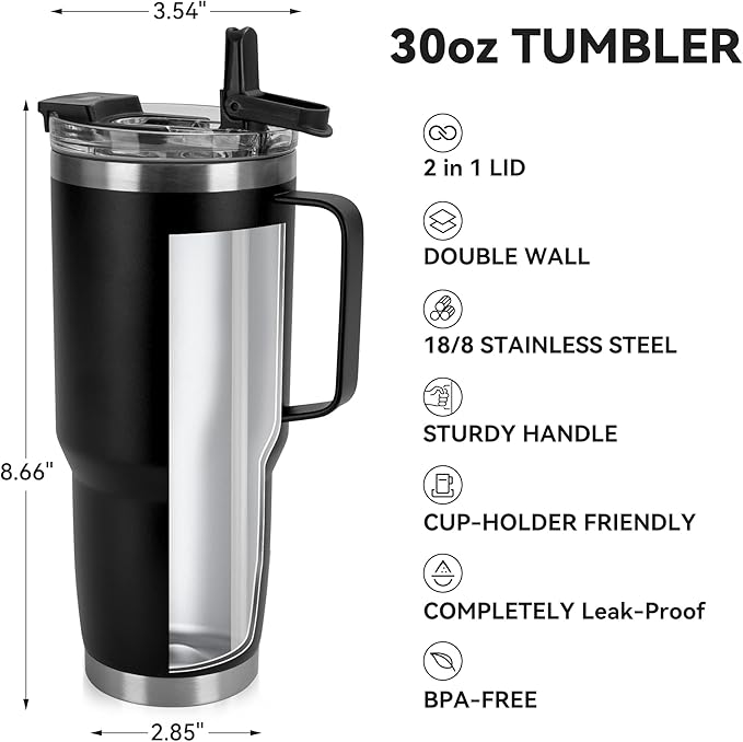 HASLE OUTFITTERS 30oz Tumbler With Handle, Insulated Travel Coffee Mug With Straw Leak-Proof Double Wall Stainless Steel Vacuum Tumblers Metal Cup with Straw for Hot and Cold Drink - Bloomnest