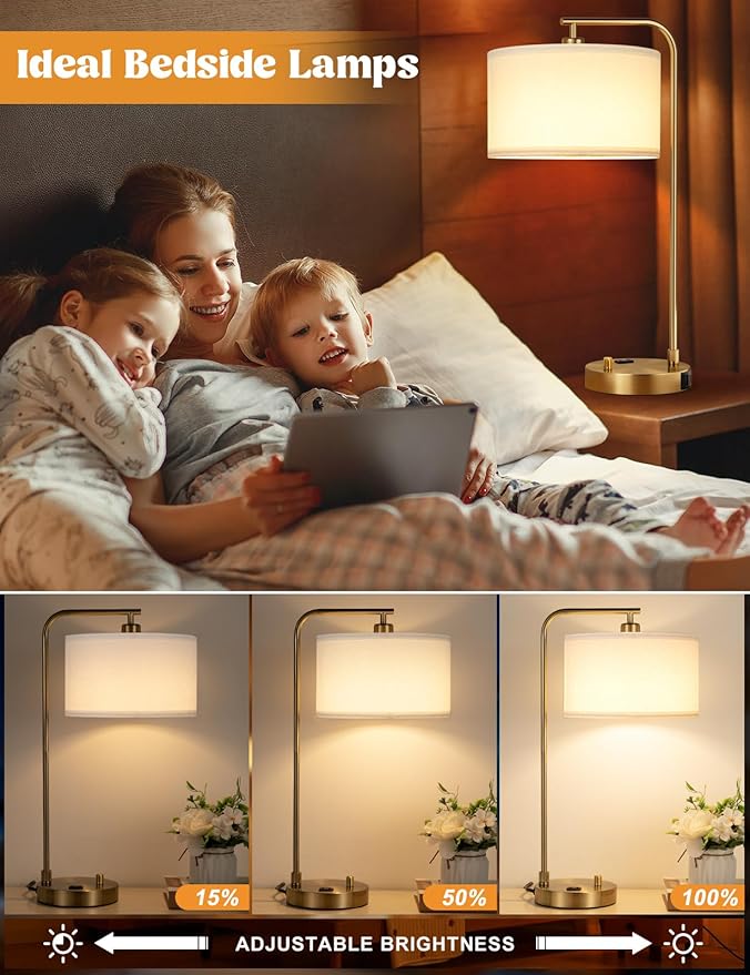 Gold Table Lamp with USB Port and Outlet, Dimmable Nightstand Bedside Lamps with Linen Lampshade, Desk Lamp for Bedroom, Living Room, Guest Room, Home Office, LED Bulb Included - Bloomnest
