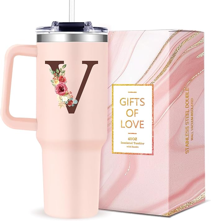 Monogrammed 40oz Tumbler with Handle for Women, Personalized Birthday Gifts for Women,Initial Cups for Woman Floral Letter V,Customized Gifts for Female Lady Gift for Mothers Day Christmas - Bloomnest