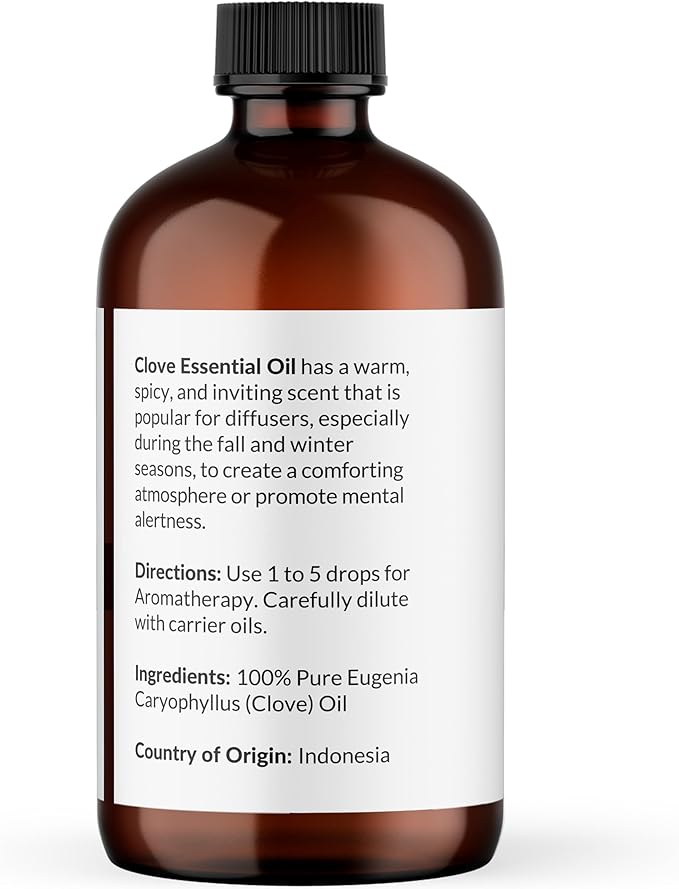 NaturoBliss Clove Essential Oil 4 oz – 100% Pure Clove Bud Oil for Aromatherapy, Diffuser & Humidifier Use, Warm Spicy Scent for Home Fragrance, Large Amber Glass Bottle