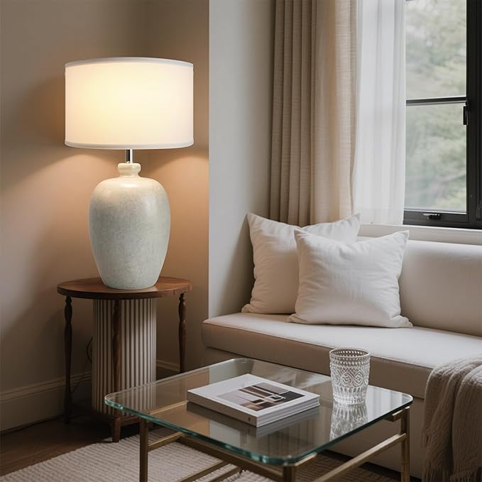 WJShome 27" Farmhouse Ceramic Table Lamp with Unique Ice Pattern Effect and White Linen Shade - Perfect for Bedroom, Living Room, Dining, and Office! (Bulb Not Included) - Bloomnest