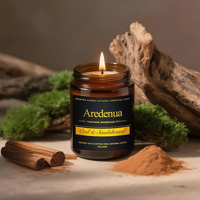 Oud & Sandalwood Candle – Scented Candles for Men & Women, 7oz Soy Candles for Home Scented - 50H Long Lasting Clean Burn, Aromatherapy Candle for Relaxation & Home, Warm Woody Fragrance Gift - Bloomnest