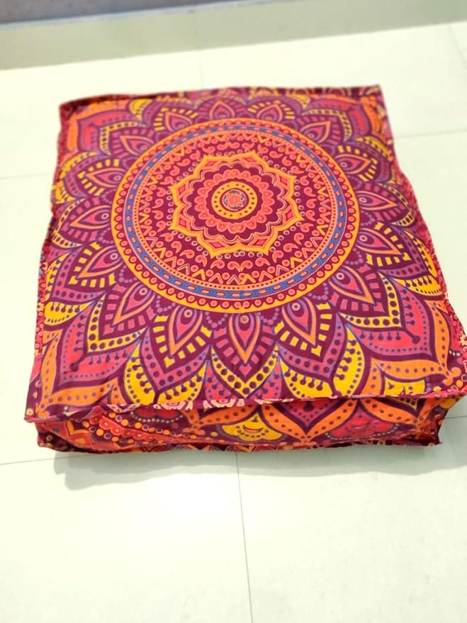 New Orange Ombre 24" Mandala Barmeri Large Floor Pillow Cover Cushion Meditation Seating Ottoman Throw Cover Hippie Decorative Zipped Bohemian Pouf Ottoman Pom Pom Cases 24 " square - Bloomnest