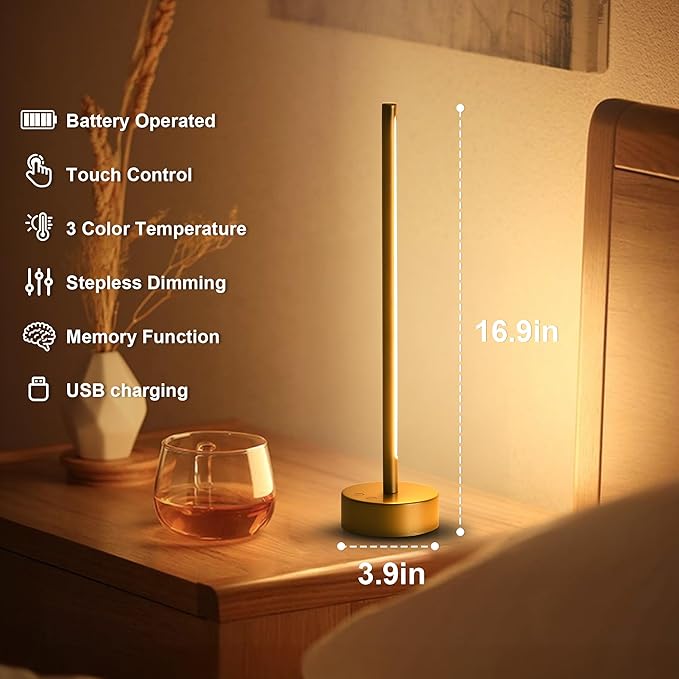 Cordless LED Table Lamp, Battery Operated Portable Desk Lamp,Dimmable/3 Color/Memory Function,Modern Rechargeable Table Light for Living Room,Bedroom,Bedside,Gold - Bloomnest