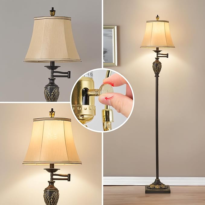 Traditional LED Floor Lamp with 350° Adjustable Swing Arm Lamp – Vintage Standing Pole lamp for Living Room, Bedroom and Office – Rustic Upright Floor Light for Home Décor with Silk Fabric Shade - Bloomnest