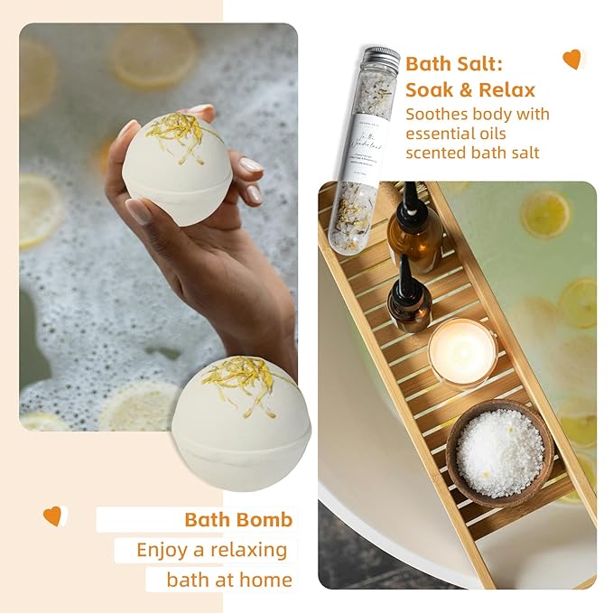 Natural Amor Handmade Spa Gifts for Women, Relaxing 5pcs Spa Gift Set for Women Including Citrus Handmade Soap Bar, Soy Candle, Bath Salt, Bath Bomb - Bloomnest