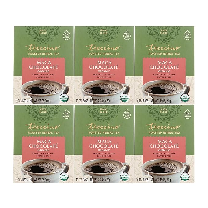 Teeccino Maca Chocolaté Herbal Tea - Rich & Roasted Herbal Tea That’s Caffeine Free & Prebiotic with Natural Energy from Adaptogenic Peruvian Maca, 10 Tea Bags (Pack of 6) - Bloomnest