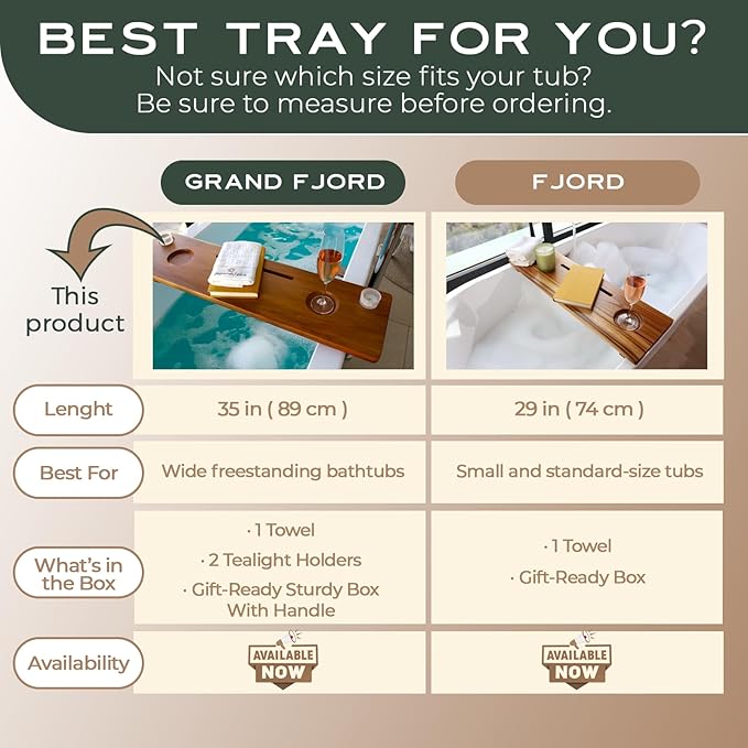 Grand Fjord | Teak Bathtub Tray for Large Soaking Tub | Extra Long 35” Luxury Bath Caddy for Freestanding Tubs | Minimalist Wooden Tub Tray with Candle Holders & Premium Towel by JapandiSpirit - Bloomnest