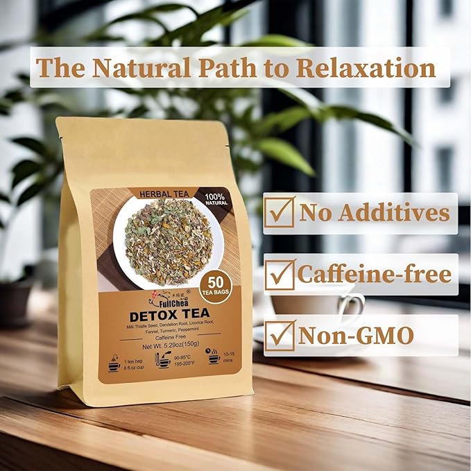 FullChea - Detox Tea Bags, 50 Teabags Liver Detox Tea, With Milk Thistle Seed, Dandelion Root, Licorice Root, Fennel, Turmeric, Peppermint - Liver Cleansing and Support - Bloomnest
