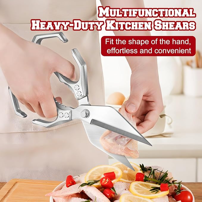 Multifunctional Heavy-Duty Kitchen Shears, Heavy Duty Kitchen Scissors for Food with Ergonomic Handle,Stainless Steel Culinary Shears for Chicken Meat Seafood Bone Cutting,Cooking Accessories(Sliver) - Bloomnest