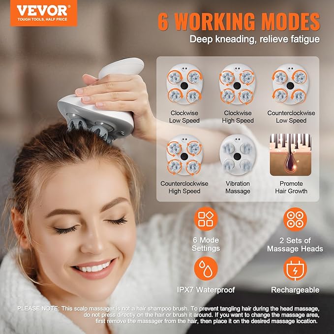 VEVOR Electric Scalp Massager, Rechargeable Head Massager Hair Growth, IPX7 Waterproof | Portable Kneading Scalp Scratcher with 8 Removable Massage Head for Stress Relief, Deep Clean, Gift for Mom/Dad VEVOR