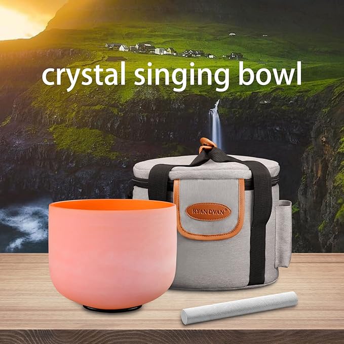 RYAN DVAN 8” D Note Orange Frosted Sacral Chakra Crystal Singing Bowl with Free Heavy-Duty Carrying Case and Suede Striker O-Ring - Bloomnest