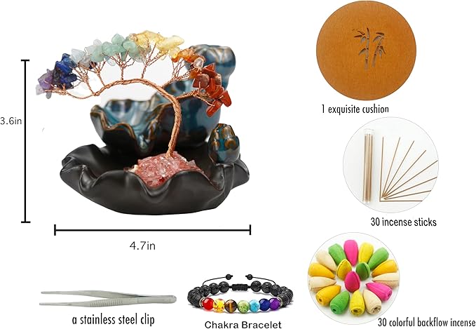 Chakras Backflow Incense Burner, Crystal Tree Incense Waterfall Fountain, Cone Incense Holde, Living Room Shelf Aesthetic Decor - Bloomnest