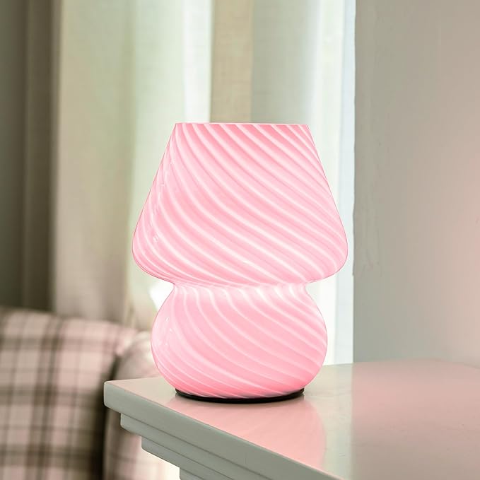 Battery Operated Mushroom Lamp-Cute Small Pink Aesthetic Table Lamp with Timer,Cordless Bedside Lamp for Girl Gifts,Glass Decorative Lamp for Bedroom/Entryway/Shelf/Desk Decor/Dorm/Office - Bloomnest
