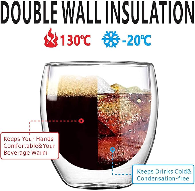 5.5oz Glass Coffee Mugs Set of 2, Double Walled Espresso Cups for Latte Cappuccino Cocoa Milk Cafe Juice, Clear Glass Tea Cup Set Glassware Gift for Christmas Birthday - Bloomnest