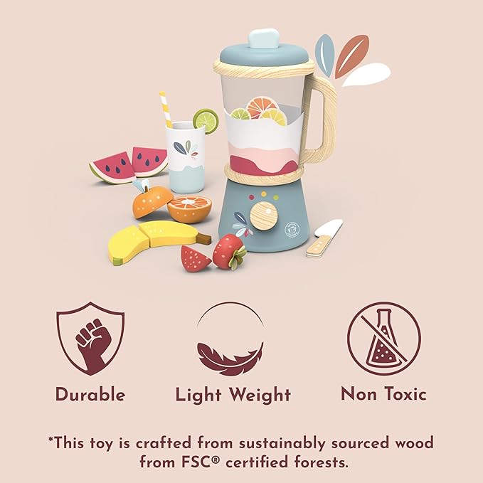 SPEEDY MONKEY Smoothie Maker Blender Set - FSC Wooden Food Blender Toy for Kids, Pretend Play Kitchen Appliance, Role Play Toy Mixer for Toddlers, Fun Fruity Smoothie Playset to Make a Healthy Shake - Bloomnest