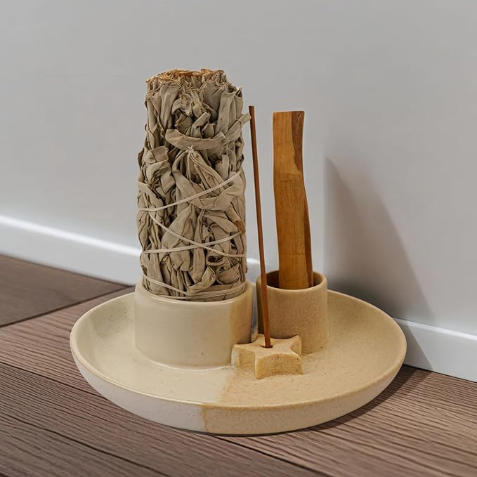 4 in 1 Incense Holder, Ceramic Incense Stick and Palo Santo Holder,Sage Holder for Burning- 5.5" Ceramic Ash Catcher Tray for Meditation and Yoga Room (Star Sand) - Bloomnest