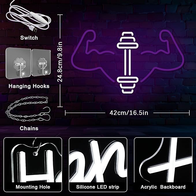Dumbbell Neon Sign Muscle Neon Light GYM Neon Light Sign for Gymmer Room Body Building Fitness Club Gymnastic Wall Art Decoration Gift for Athlete Boyfriend - Bloomnest