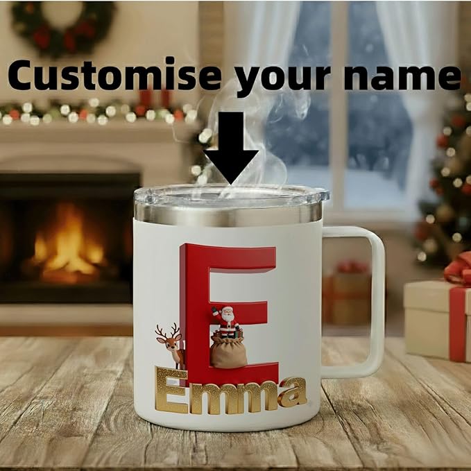 Personalized Christmas Insulated Coffee Mug with Handle – Custom Initial Letter Double Wall Stainless Steel Travel Tumbler for Hot & Cold Drinks – Unique Holiday Gift for Men, Women, & Kids(B111) - Bloomnest