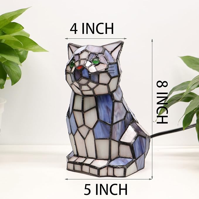 Tiffany Cat Lamp Blue and White Stained Glass Animal Table Lamp Accent Lamp - Bloomnest