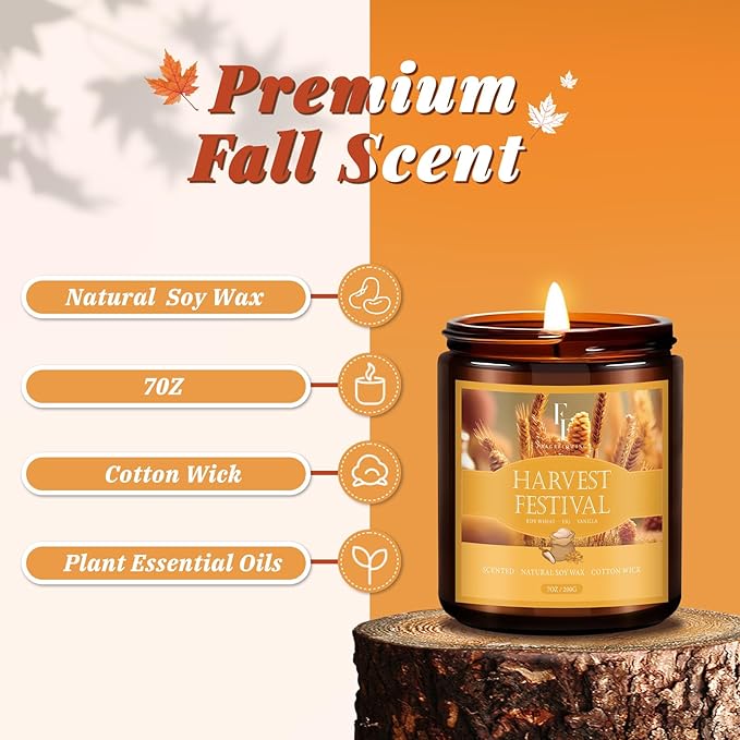 Fall Candle, Harvest Festival Scented Candles for Home, Natural Soy Autumn Candle Aromatherapy Candle, 7 oz Jar Candles Fall Gifts for Women Men - Bloomnest