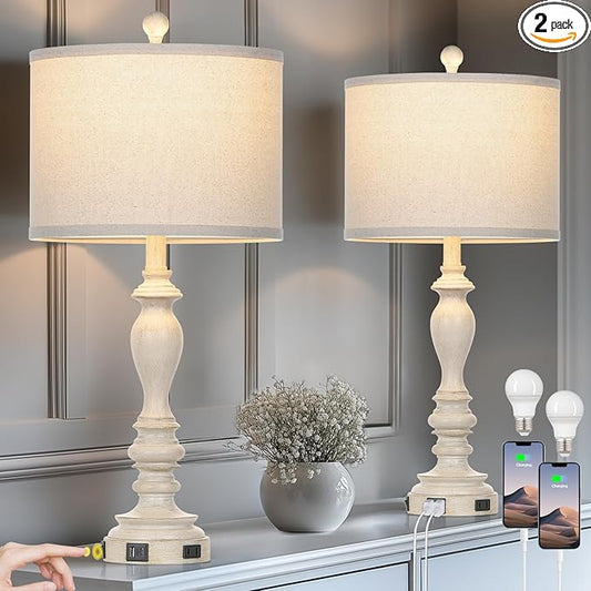 28" Table Lamps with USB C+A Ports & AC Outlets, Farmhouse Rustic Table Lamps Set of 2, Vintage End Table Nightstand Resin Bedside Lamp for Living Room Bedroom, Fabric Linen Shade Washed Antique Beige - Bloomnest