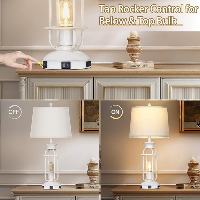 28" Vintage Table Lamps with USB C+A Ports & Outlet, Industrial Farmhouse Table Lamp for Living Room, Rustic Mid Century Modern Bedside Lamps with Nightlight & Beige Fabric Lampshade, Oil-Rubbed White - Bloomnest