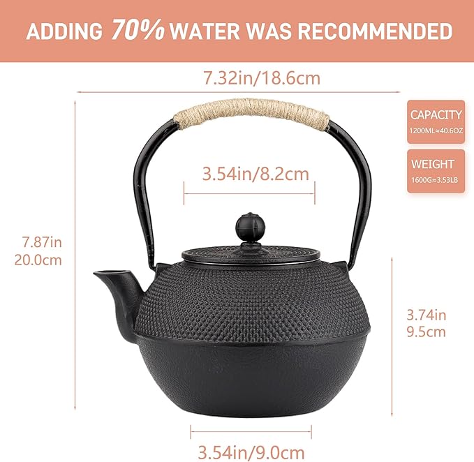 Small Tea Kettle, 40oz Tea Pot, Japanese Tetsubin, Cast Iron Teapot with Infuser for Stovetop Safe Coated with Enameled Interior (Black, 1200ml) - Bloomnest