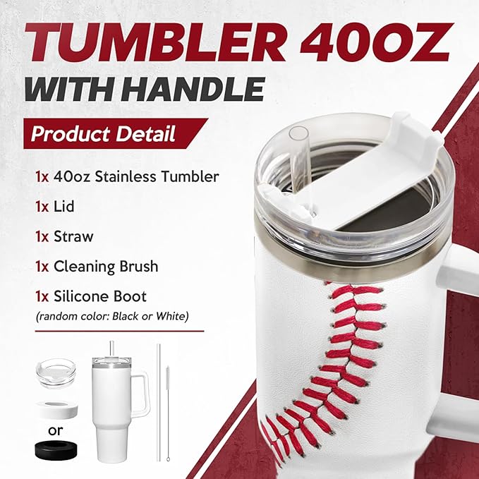 SANDJEST Baseball Tumbler with Handle 40oz, Insulated Stainless Steel Cup with Lid & Straw, Gifts for Men, Boys, Players, Coaches, Sports Lovers, Christmas, Birthday - Bloomnest