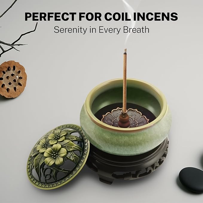 Ceramic Incense Burner with Lotus Incense Holder, Multi-Functional Incense Burner Holder for Incense Sticks, Coil Incense and Cones, Perfect Home Decor