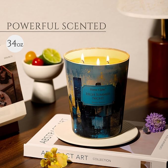 HomeLights High Summer Night Scented Candles | 34oz Soy Candles Industrial Chic 3-Wick Large Candle Jars | Ideal Candle Gifts for Events, Home Decor Stress, Relief & Relaxation - Bloomnest